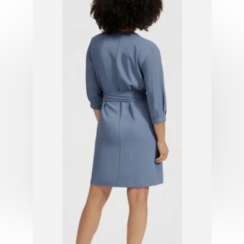 Everlane The Japanese GoWeave Long Sleeve Mini Wrap Dress Slate Blue 6 Secretary - Picture 2 of 9